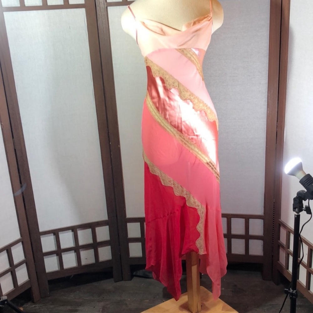 Vintage 90’s Y2K 100% Silk Slip Dress Cowl Boho Sheer Lace Backless Belladonna - Picture 2 of 16